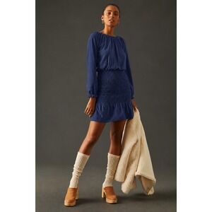 SUNDRY Anthropologie Ruffle Smock Dress Navy Long Puff Sleeve Mini Size 2 Boho
